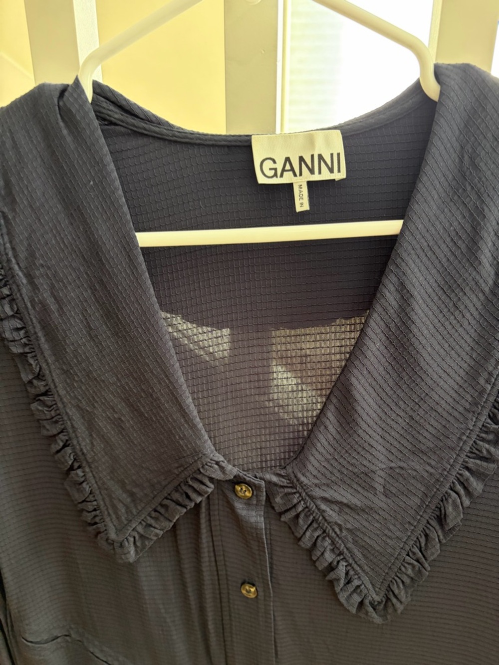 Ganni Navy Ruffled Collar Button-Front Dress - Picture 5 of 5
